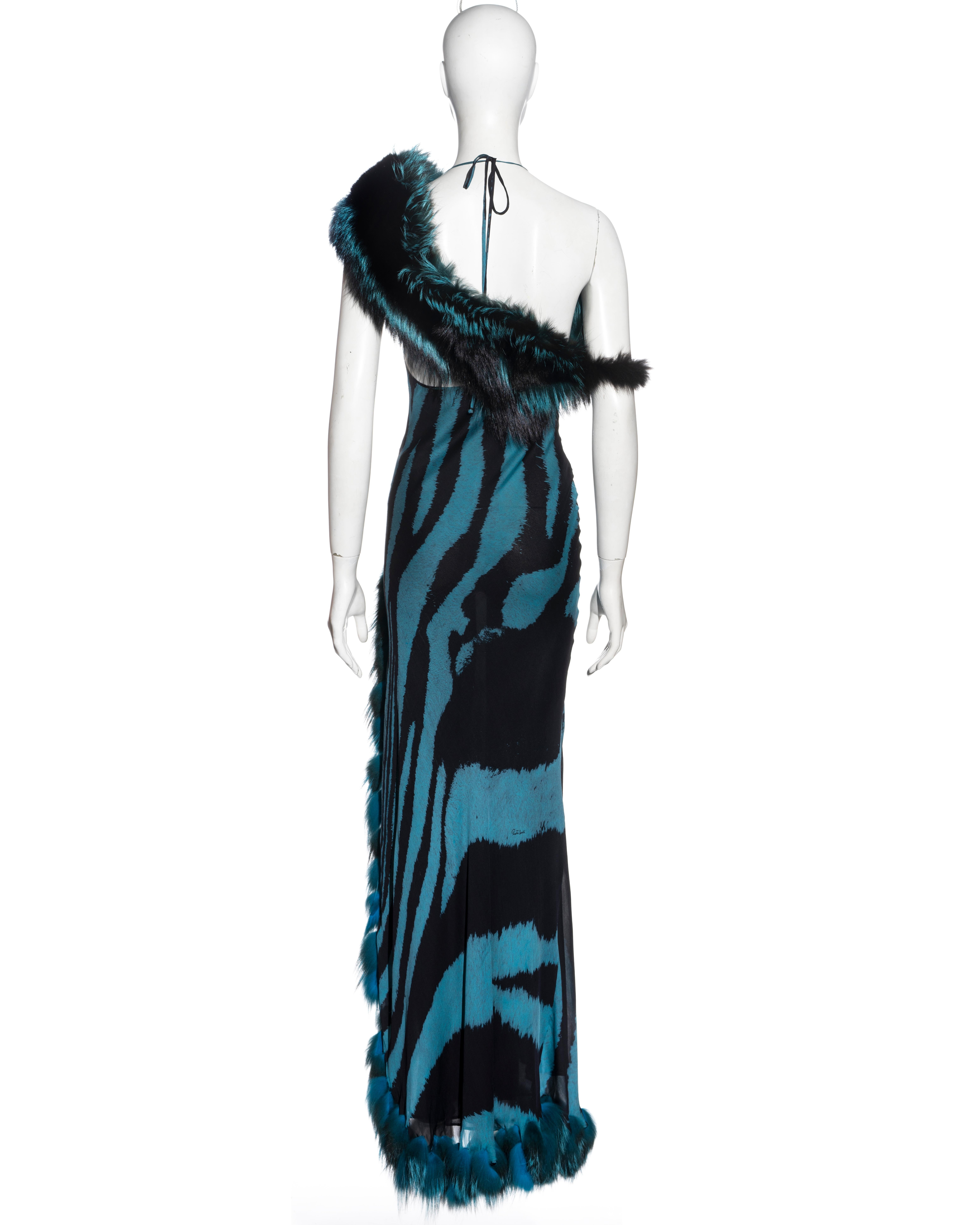 Roberto Cavalli blue tiger print silk evening dress with fox fur stole, fw 2000 9