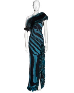 Roberto Cavalli blue tiger print silk evening dress with fox fur stole, fw 2000