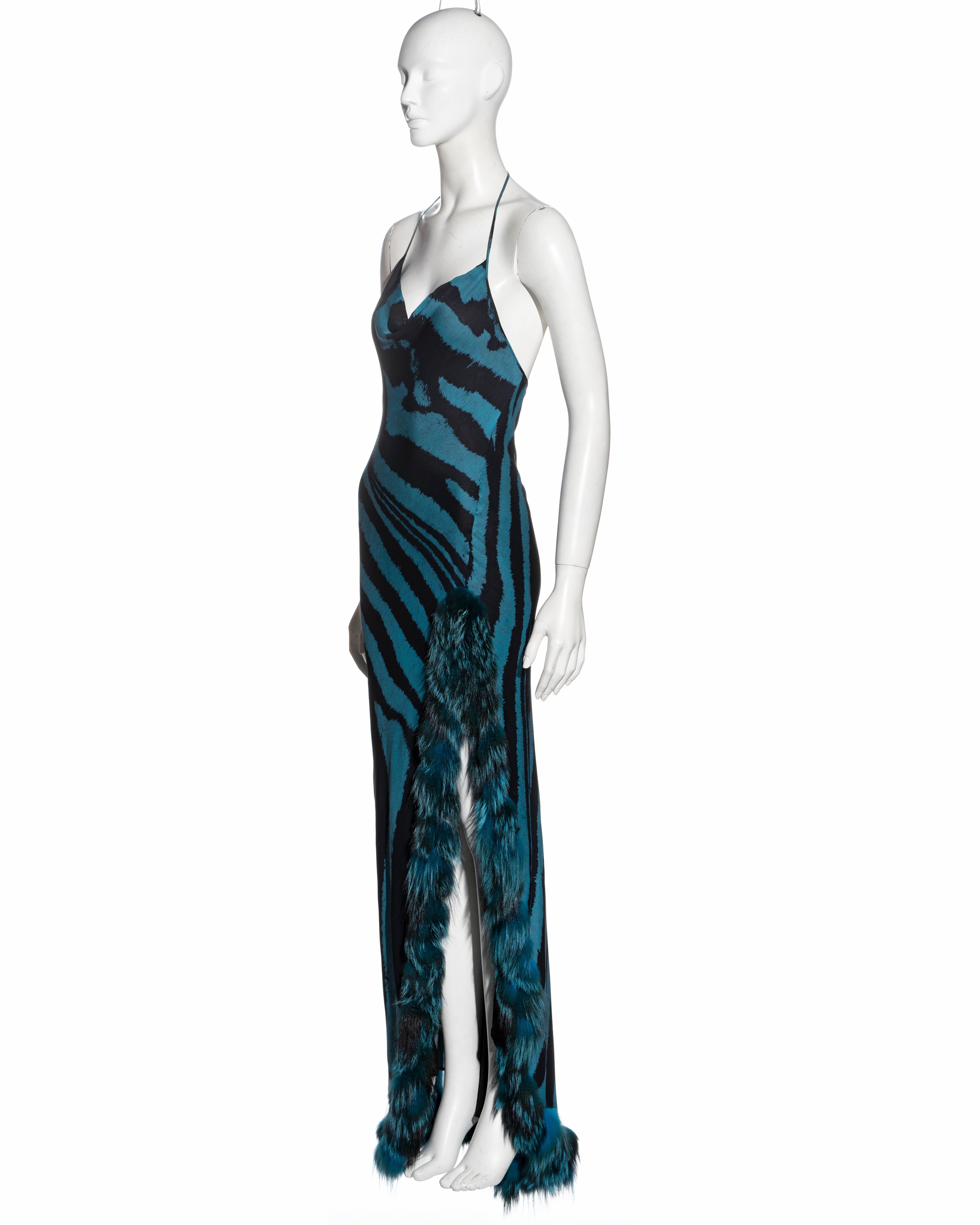 Women's Roberto Cavalli blue tiger print silk evening dress with fox fur stole, fw 2000