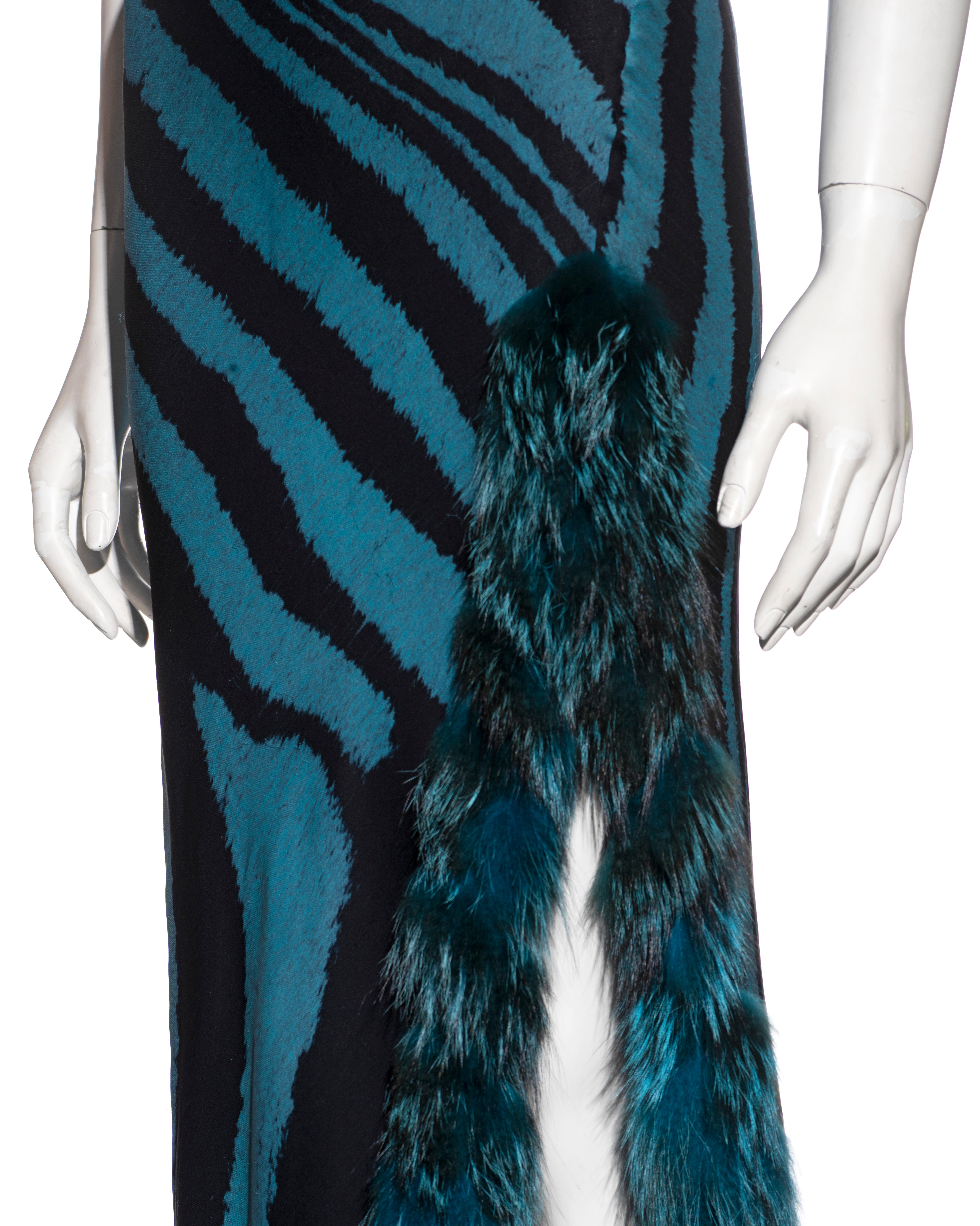 Roberto Cavalli blue tiger print silk evening dress with fox fur stole, fw 2000 1