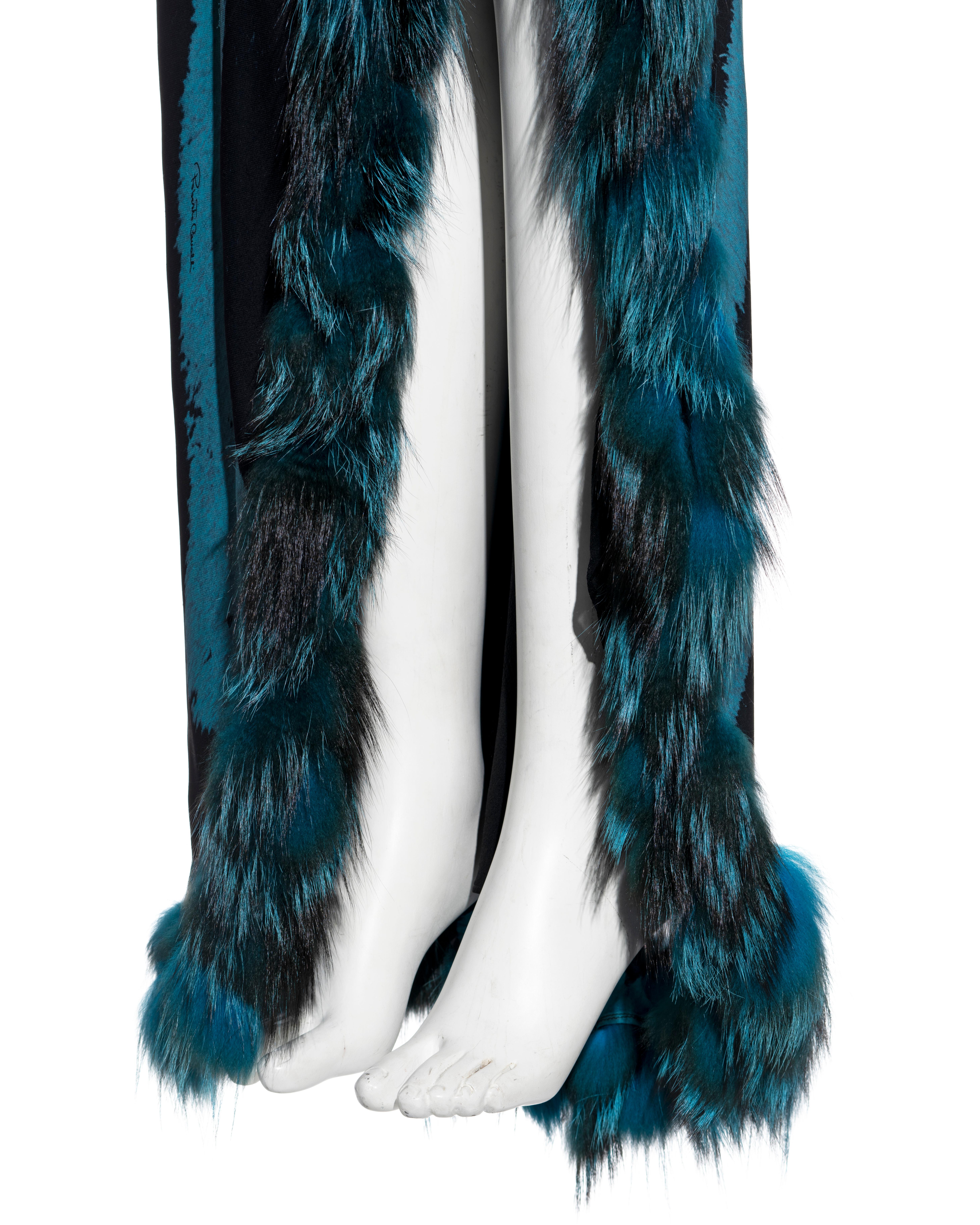 Roberto Cavalli blue tiger print silk evening dress with fox fur stole, fw 2000 2
