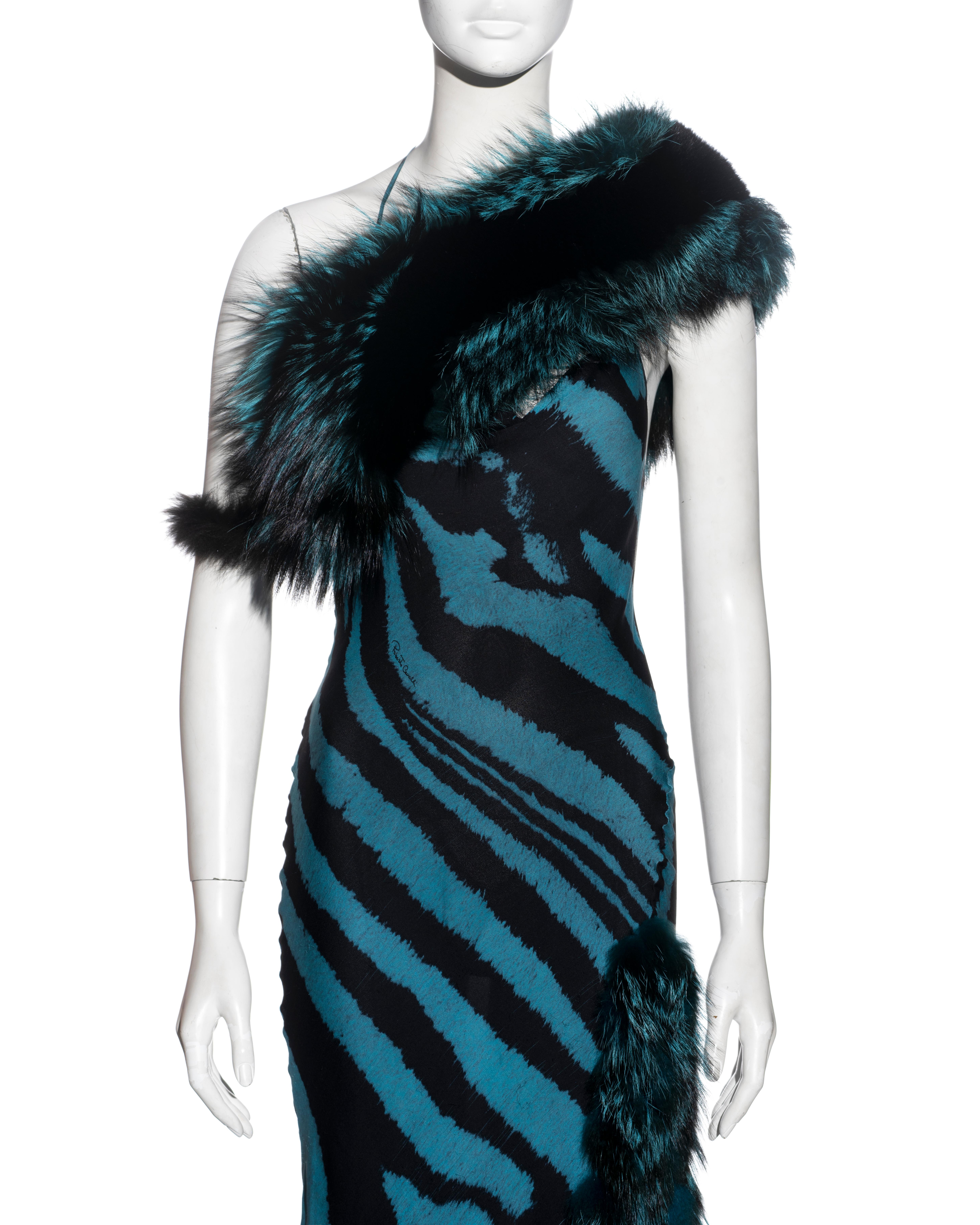 Roberto Cavalli blue tiger print silk evening dress with fox fur stole, fw 2000 3