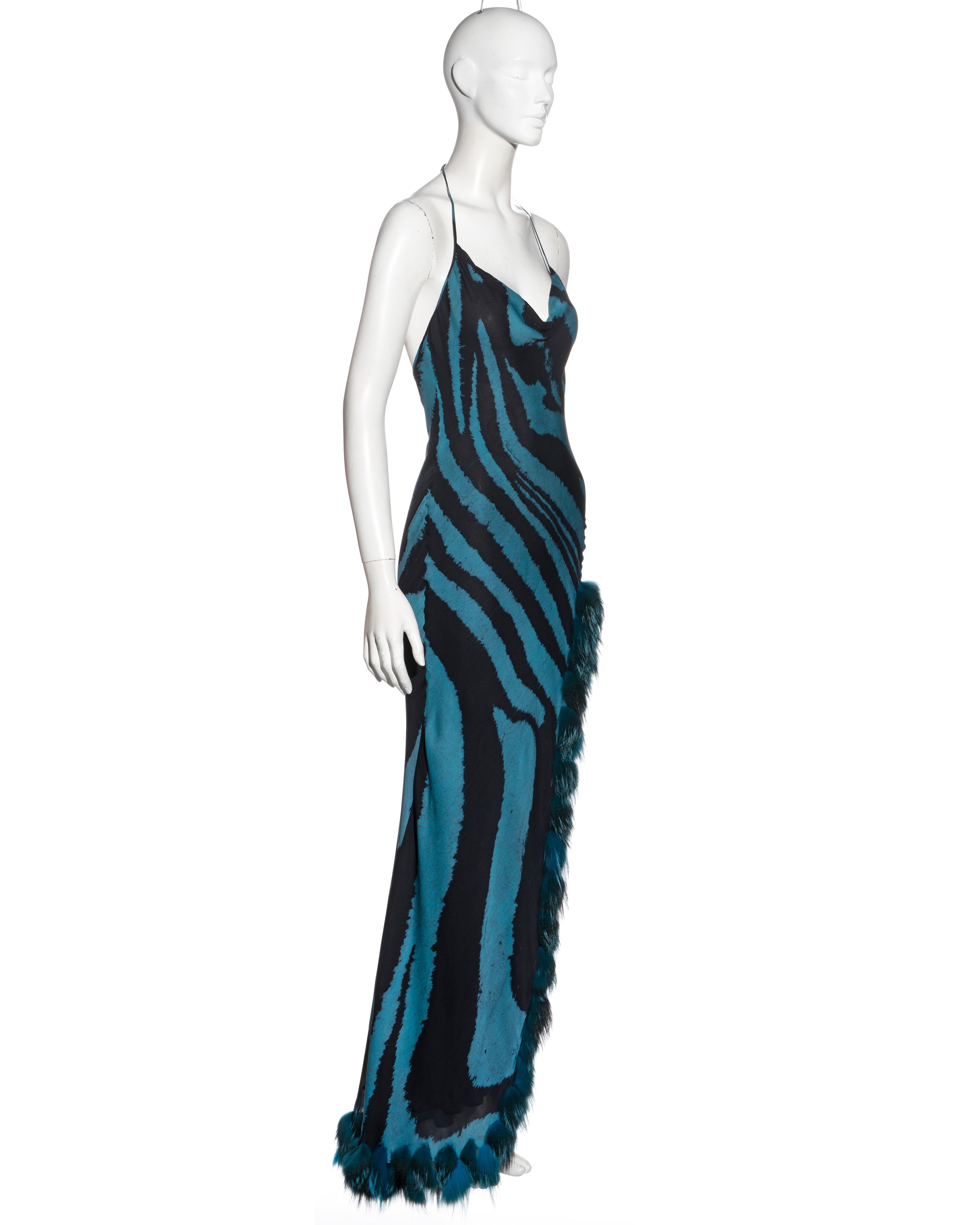 Roberto Cavalli blue tiger print silk evening dress with fox fur stole, fw 2000 4