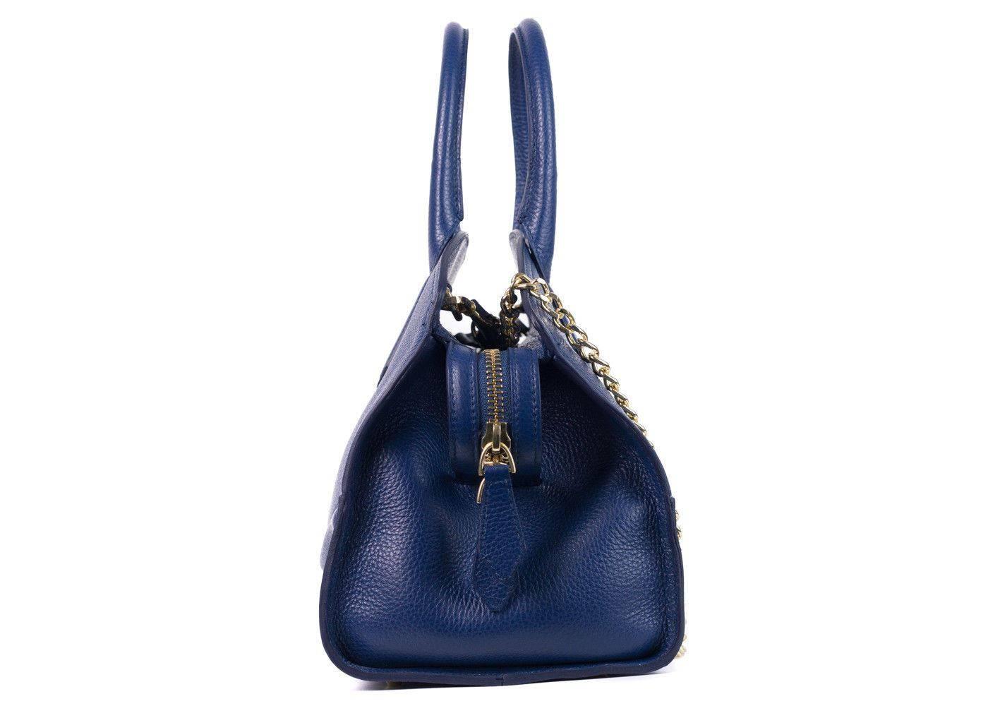 Roberto Cavalli Blue Top Zippered Grained Leather Boston Tote Bag In New Condition For Sale In Brooklyn, NY