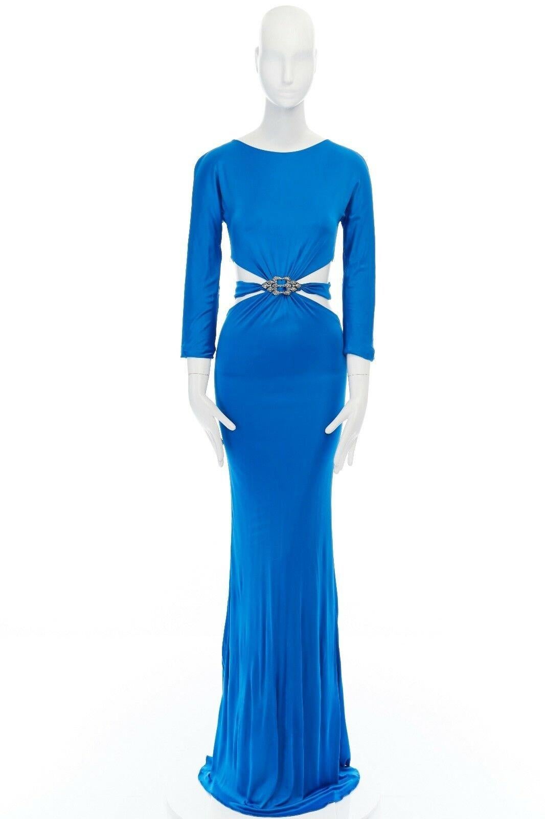 ROBERTO CAVALLI blue viscose crystal brooch cut out waist evening gown dress M 
Reference: CC/AECG00092 
Brand: Roberto Cavalli 
Designer: Roberto Cavalli 
Material: Viscose 
Color: Blue 
Pattern: Solid 
Extra Detail: 100% viscose. Rich ocean blue.