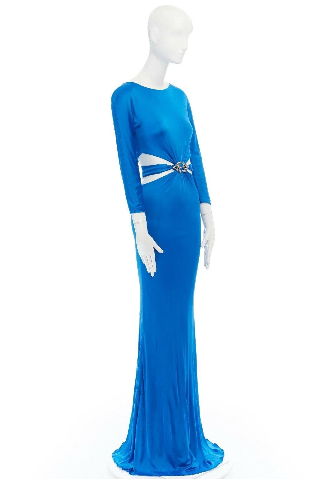 Blue ROBERTO CAVALLI blue viscose crystal brooch cut out waist evening gown dress M