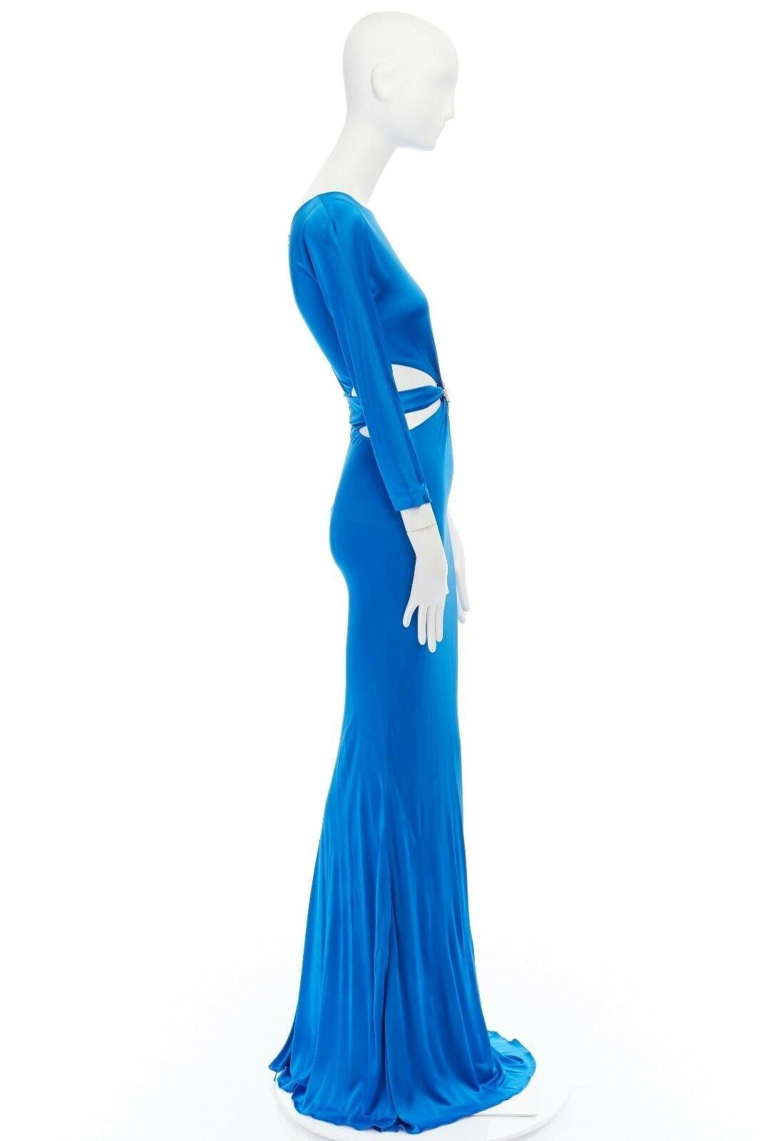ROBERTO CAVALLI blue viscose crystal brooch cut out waist evening gown dress M In Good Condition In Hong Kong, NT