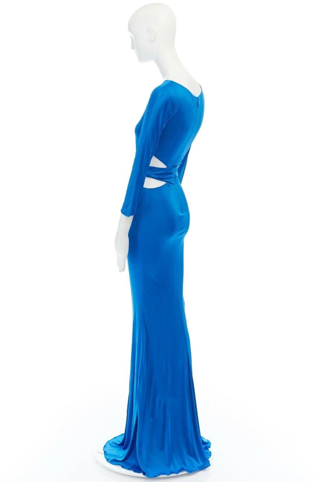 ROBERTO CAVALLI blue viscose crystal brooch cut out waist evening gown dress M 1
