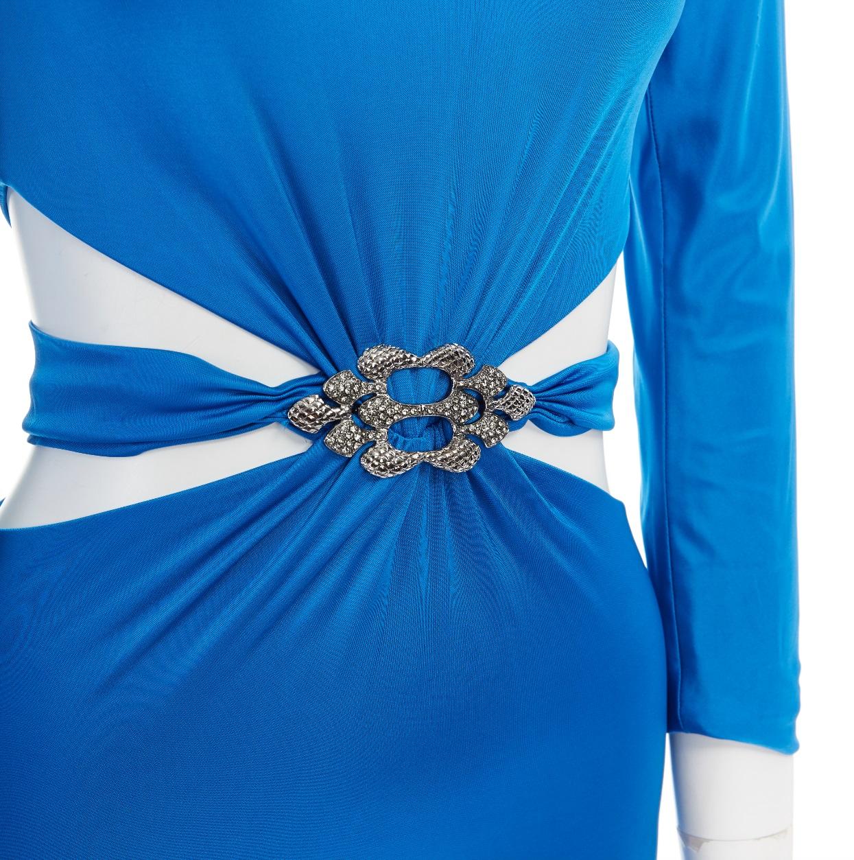 ROBERTO CAVALLI blue viscose crystal brooch cut out waist evening gown dress M 2