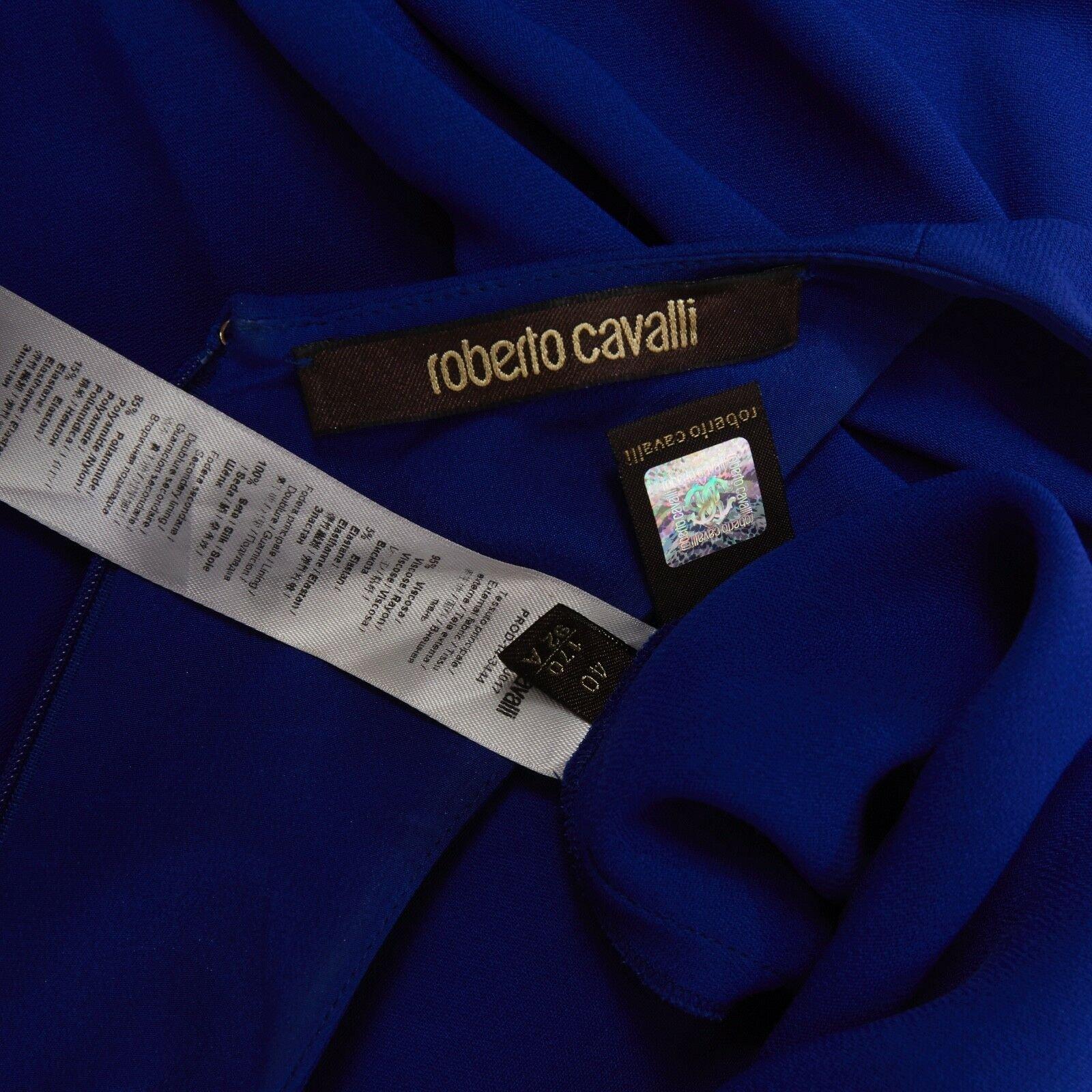 ROBERTO CAVALLI blue viscose peacock enamel brooch cut out waist gown dress S 6