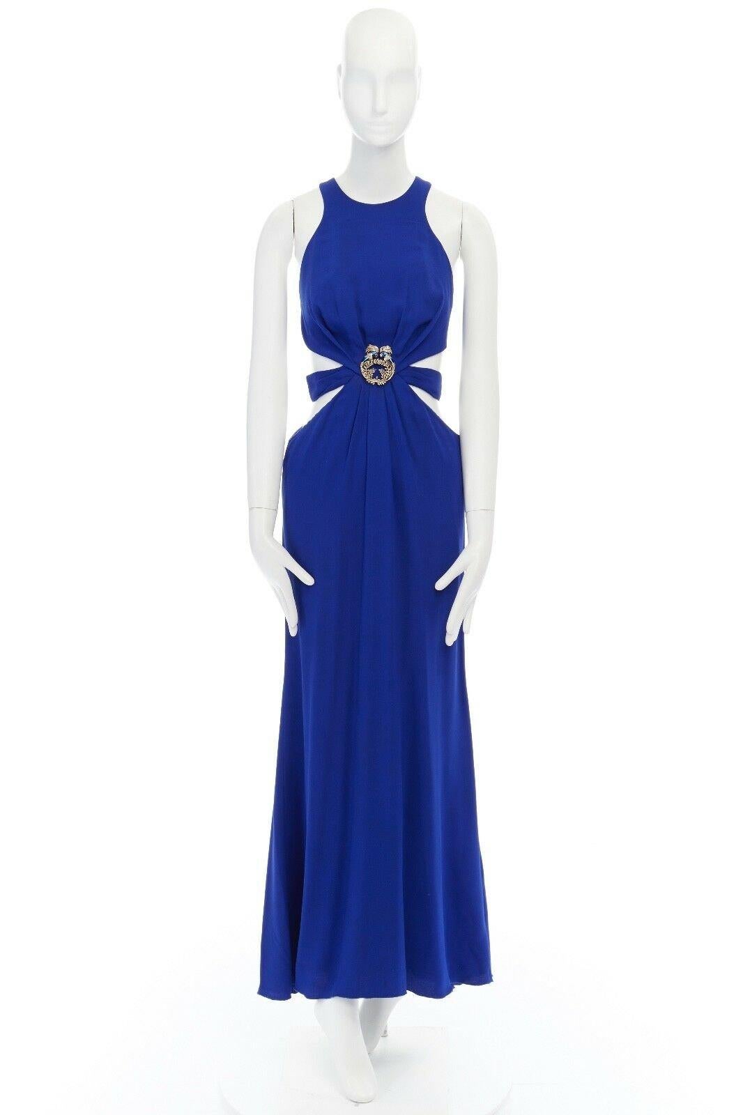 Blue ROBERTO CAVALLI blue viscose peacock enamel brooch cut out waist gown dress S
