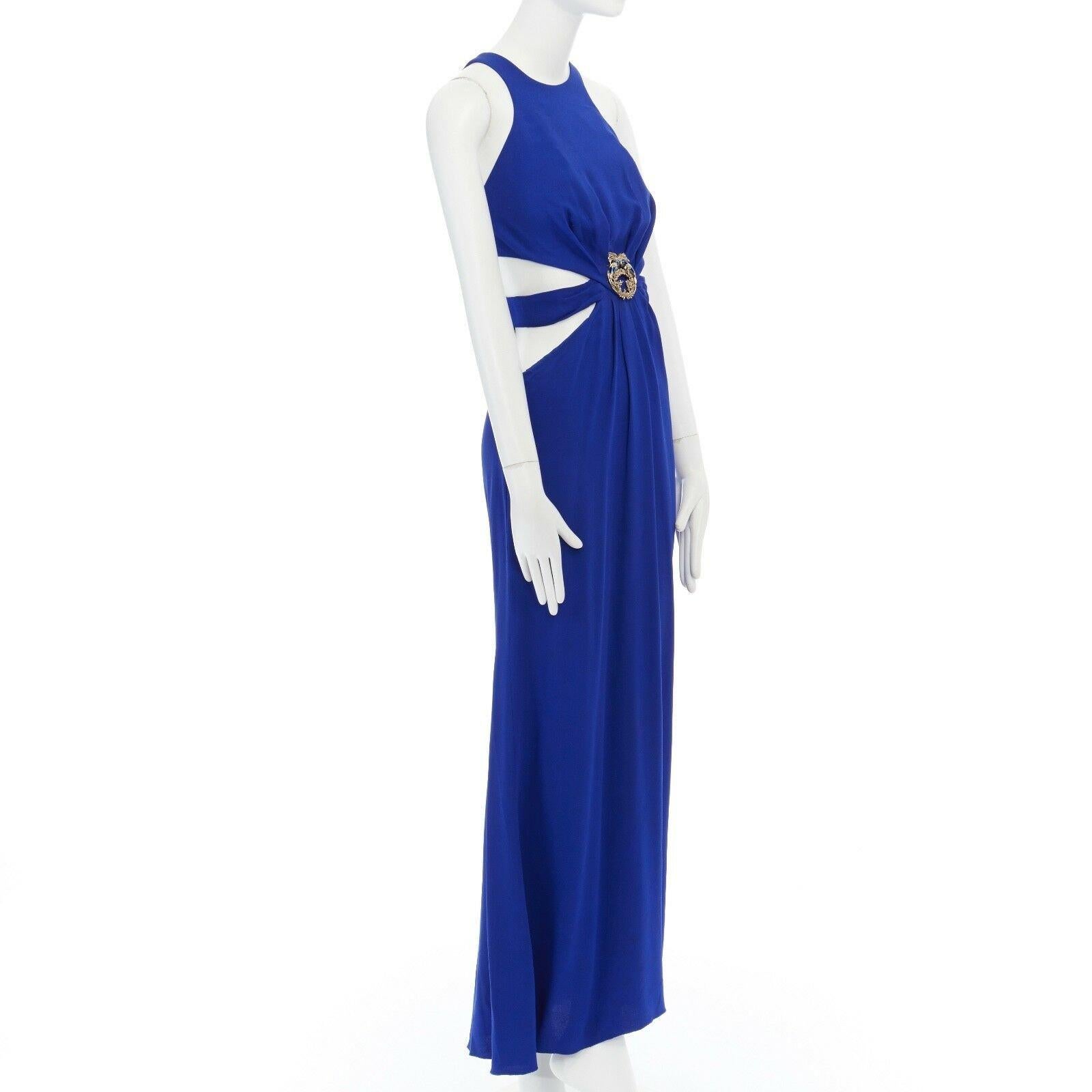 ROBERTO CAVALLI blue viscose peacock enamel brooch cut out waist gown dress S In Good Condition In Hong Kong, NT