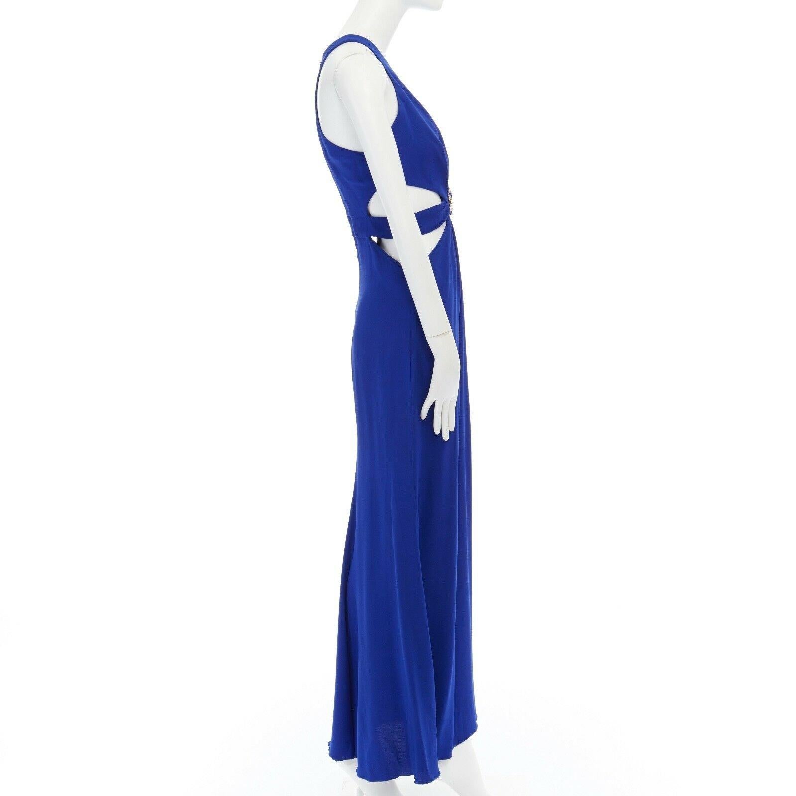 Women's ROBERTO CAVALLI blue viscose peacock enamel brooch cut out waist gown dress S