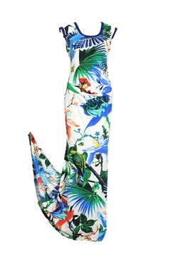 Roberto Cavalli Blauweißes langes Abendkleid mit Blumenmuster