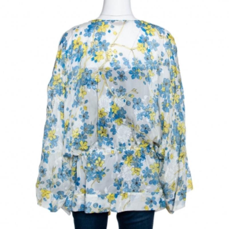 Gris Roberto Cavalli Blue & White Floral Print Silk Sheer Kaftan Top M en vente