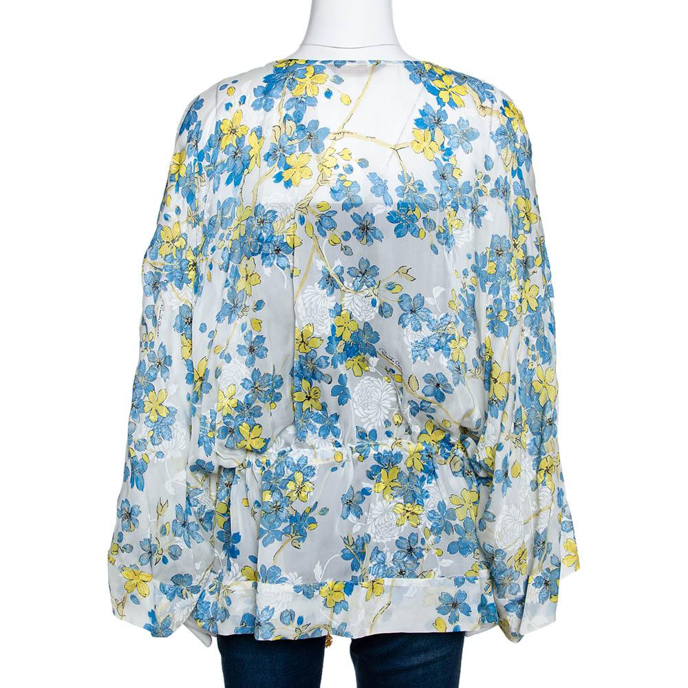 Grigio Roberto Cavalli - Top Kaftano in seta trasparente con stampa floreale blu e bianca M