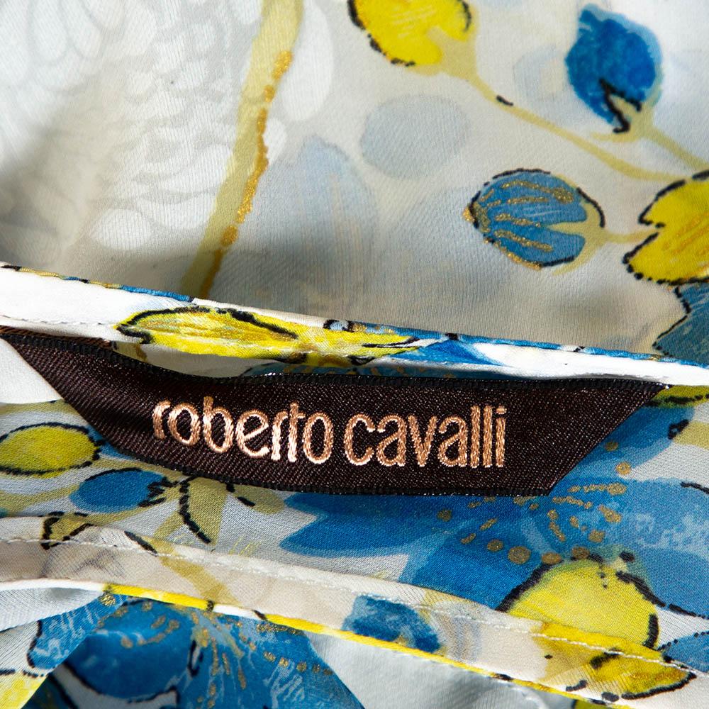 Roberto Cavalli Blaues & weißes durchsichtiges Kaftan-Top aus Seide mit Blumendruck M im Zustand „Hervorragend“ im Angebot in Dubai, Al Qouz 2