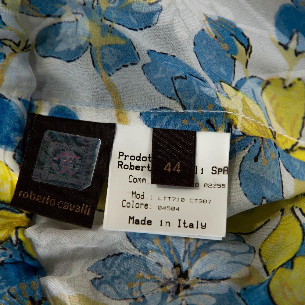 Roberto Cavalli Blaues & weißes durchsichtiges Kaftan-Top aus Seide mit Blumendruck M Damen im Angebot