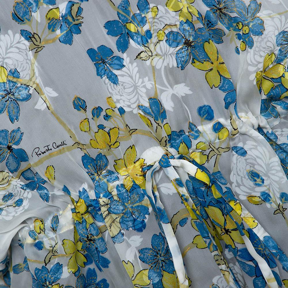 Roberto Cavalli - Top Kaftano in seta trasparente con stampa floreale blu e bianca M 1