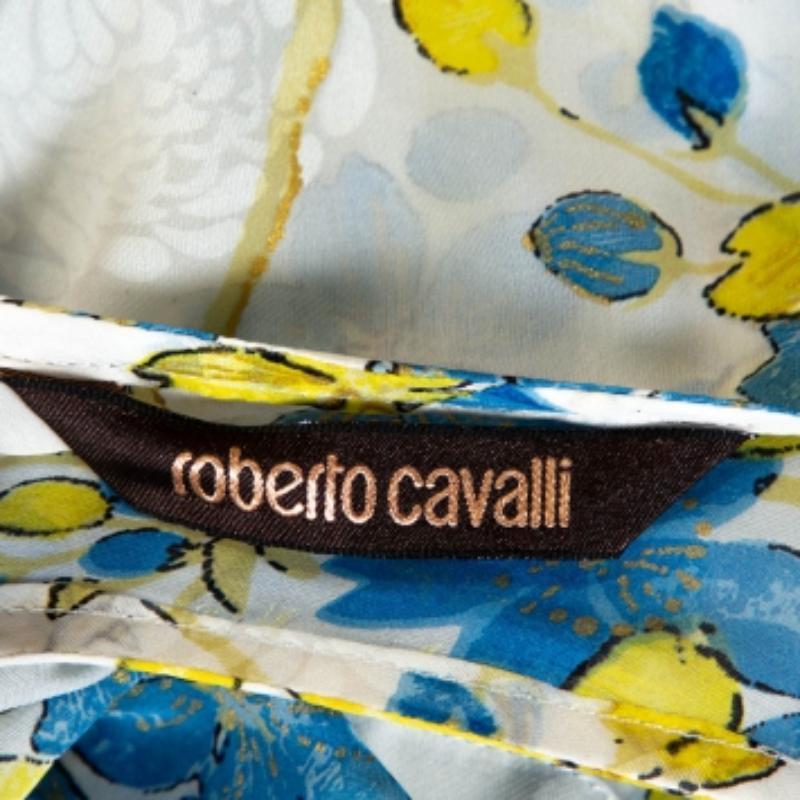 Roberto Cavalli Blue & White Floral Print Silk Sheer Kaftan Top M en vente 2