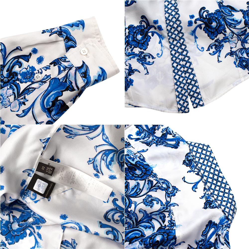 Roberto Cavalli Blue & White Floral Silk Shirt & Skirt - Size XXS/XS 6