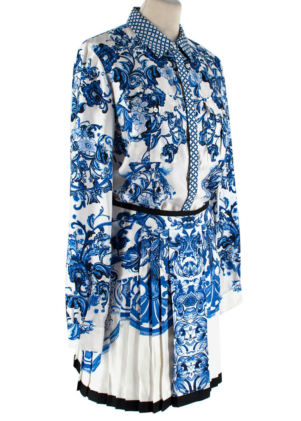Roberto Cavalli Blue & White Floral Silk Shirt & Skirt - Size XXS/XS In Excellent Condition In London, GB