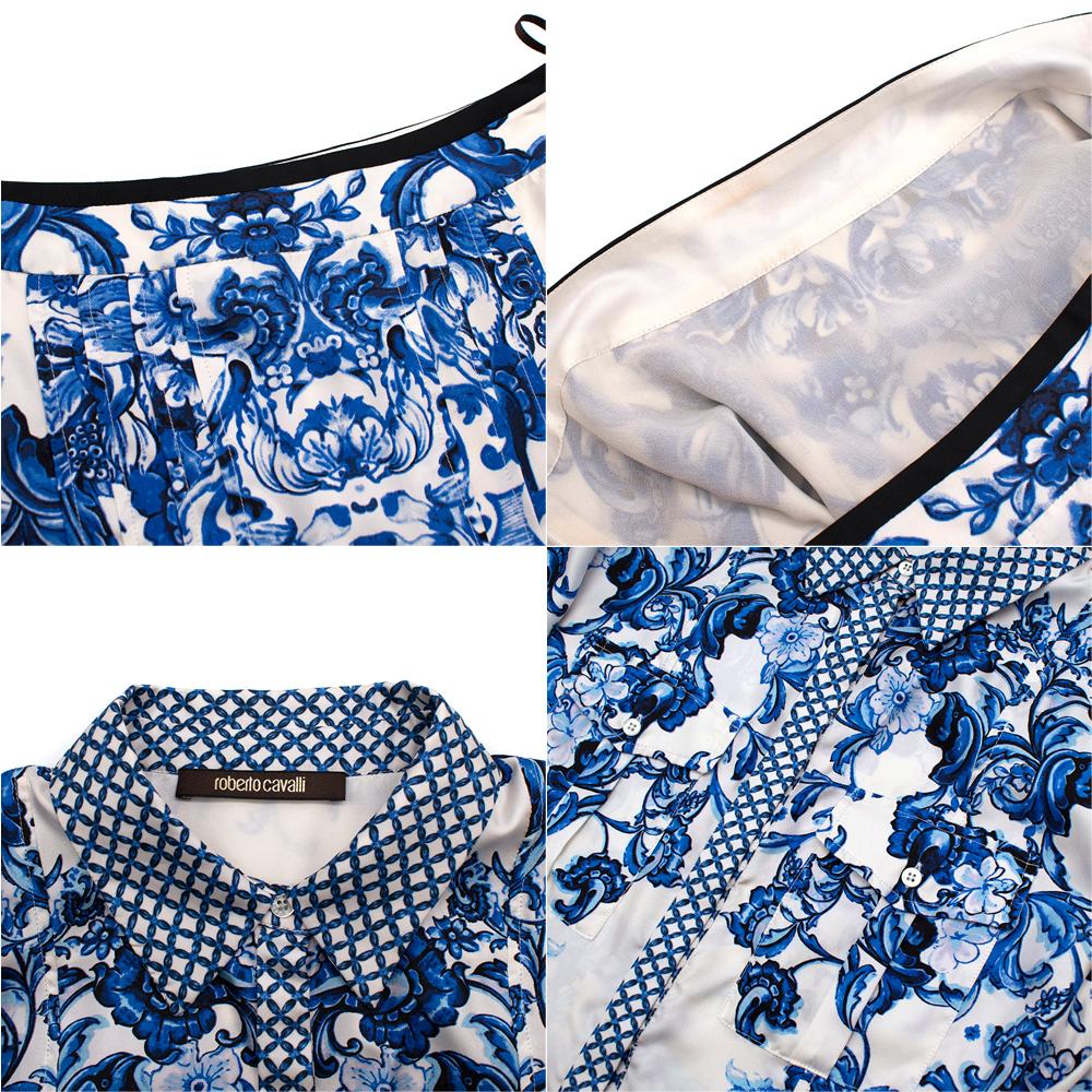 Roberto Cavalli Blue & White Floral Silk Shirt & Skirt - Size XXS/XS 5