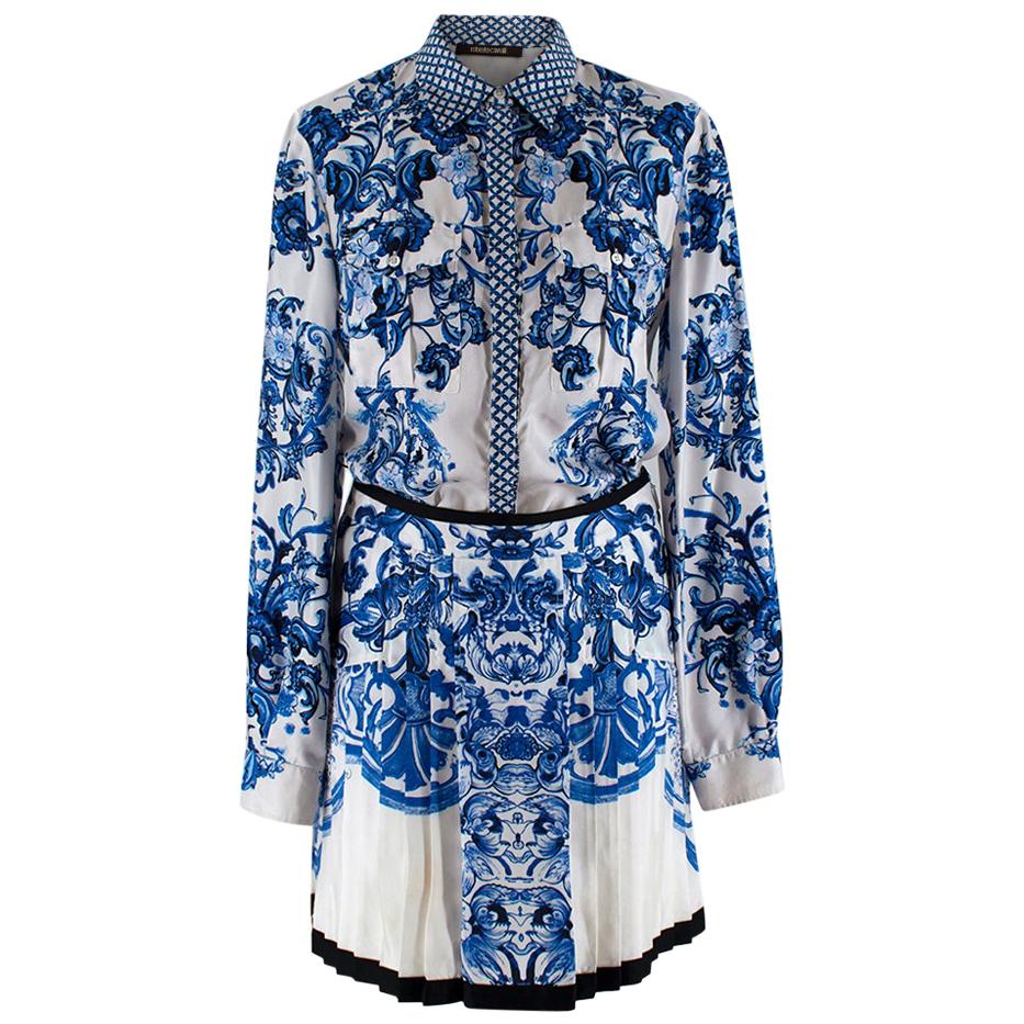 Roberto Cavalli Blue & White Floral Silk Shirt & Skirt - Size XXS/XS