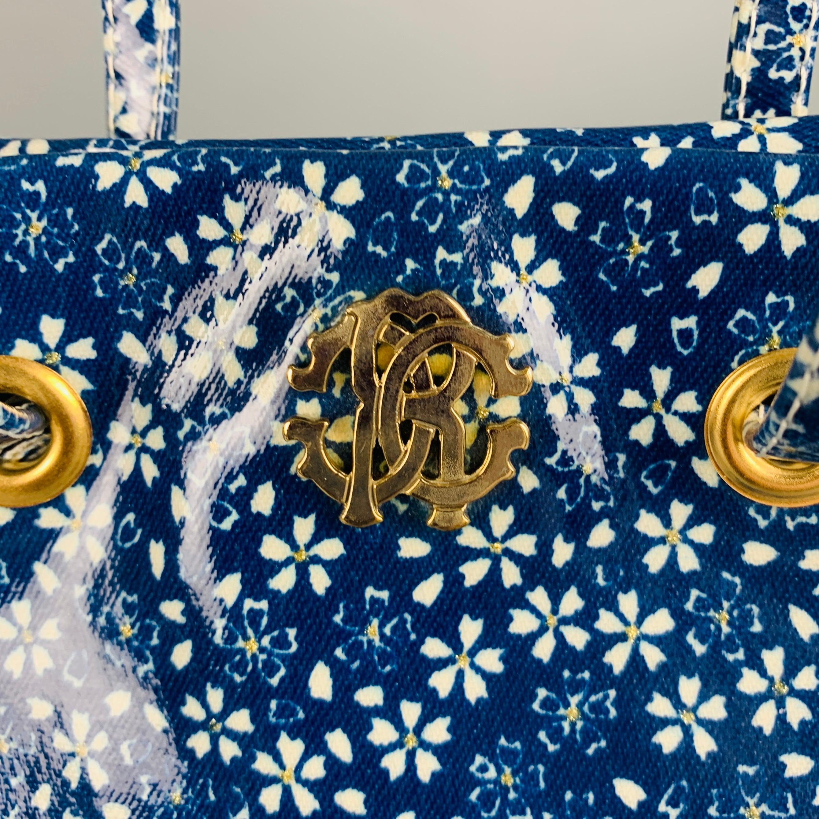 ROBERTO CAVALLI Blue White Floral Tote Handbag 2
