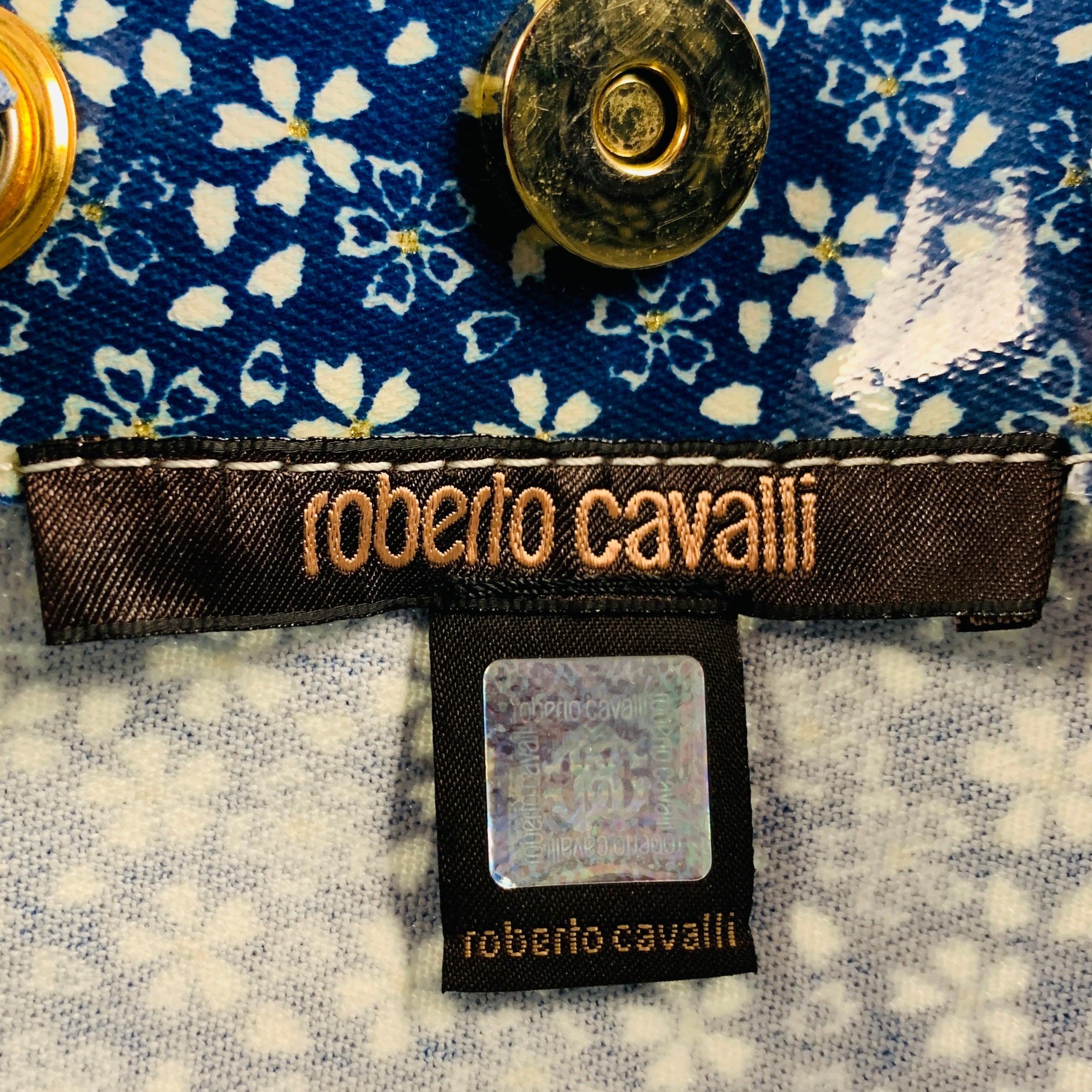 ROBERTO CAVALLI Blue White Floral Tote Handbag 3
