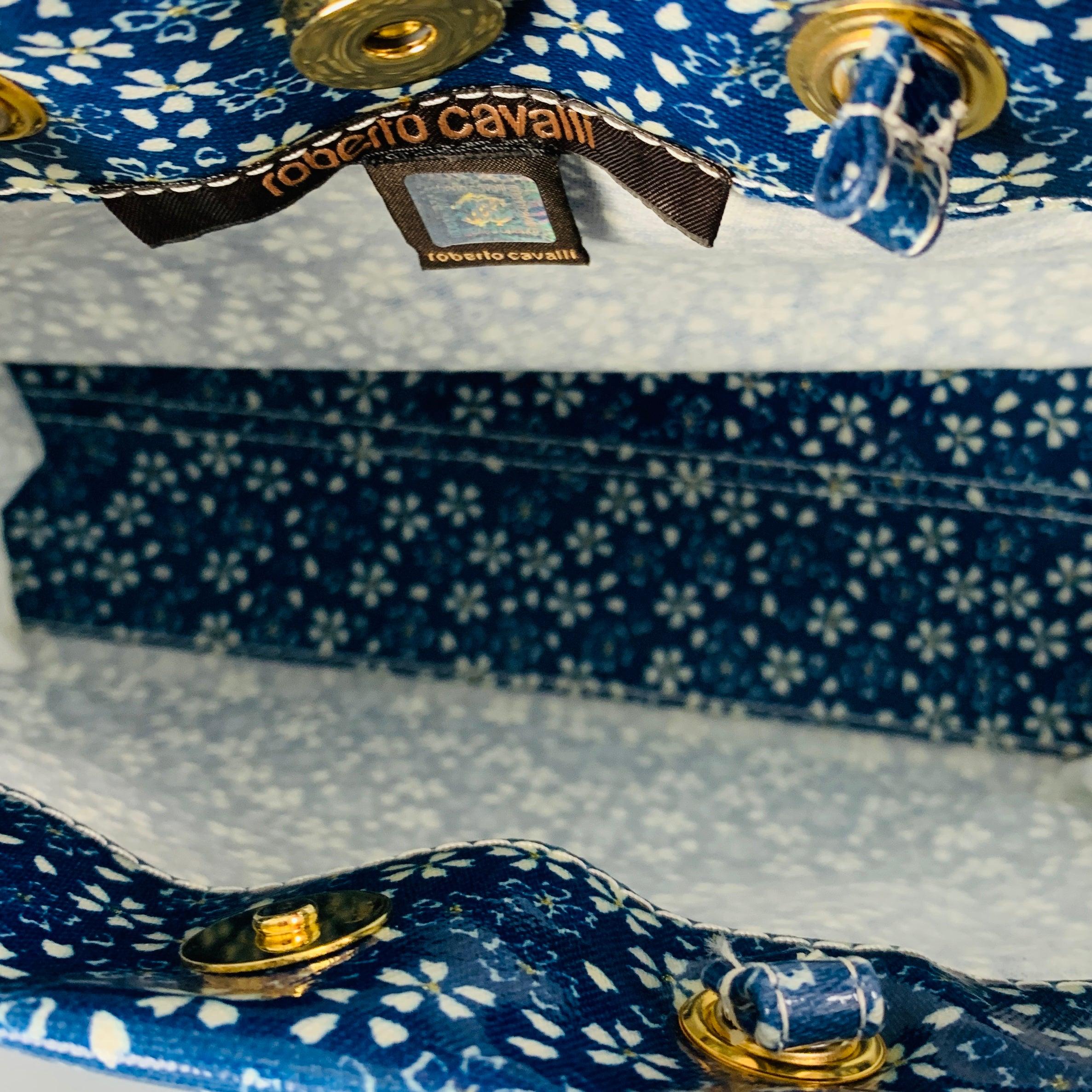 ROBERTO CAVALLI Blue White Floral Tote Handbag 4