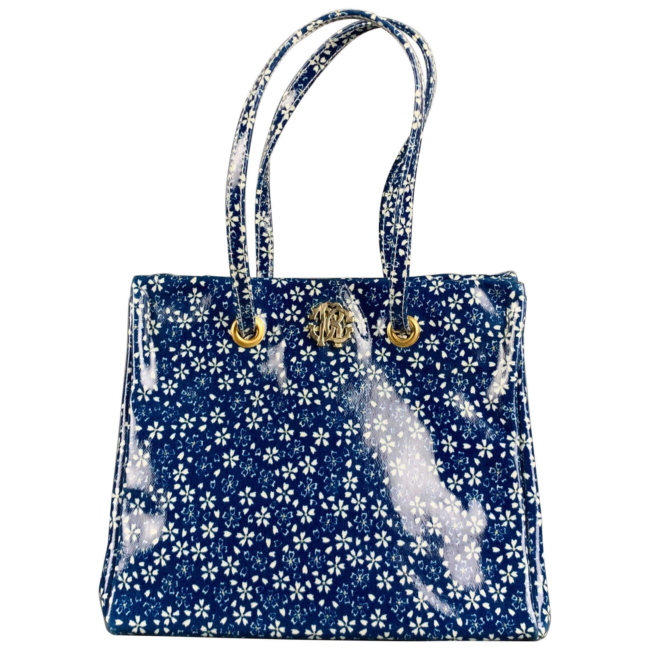 ROBERTO CAVALLI Blue White Floral Tote Handbag