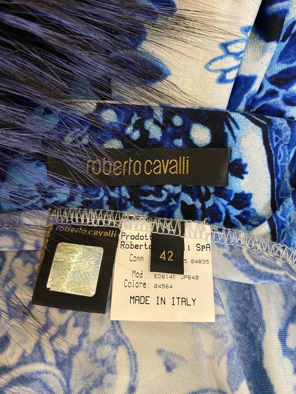Roberto Cavalli Blue & White Ming Gown Dress with Fur Trim Wrap S/S 2005 Sz 42IT For Sale 1