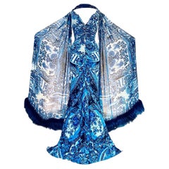 Roberto Cavalli Blue & White Ming Gown Dress with Fur Trim Wrap S/S 2005 Sz 42IT