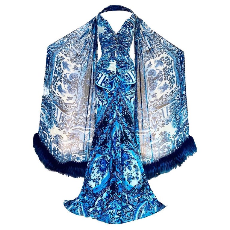 cavalli blue dress Roberto Cavalli Blue & White Ming Gown Dress with Fur Trim Wrap S/S 2005 Sz  42IT