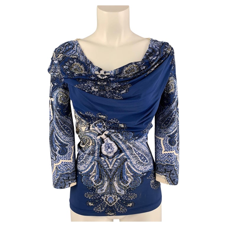 ROBERTO CAVALLI Blue and White Paisley Blouse For Sale at 1stDibs