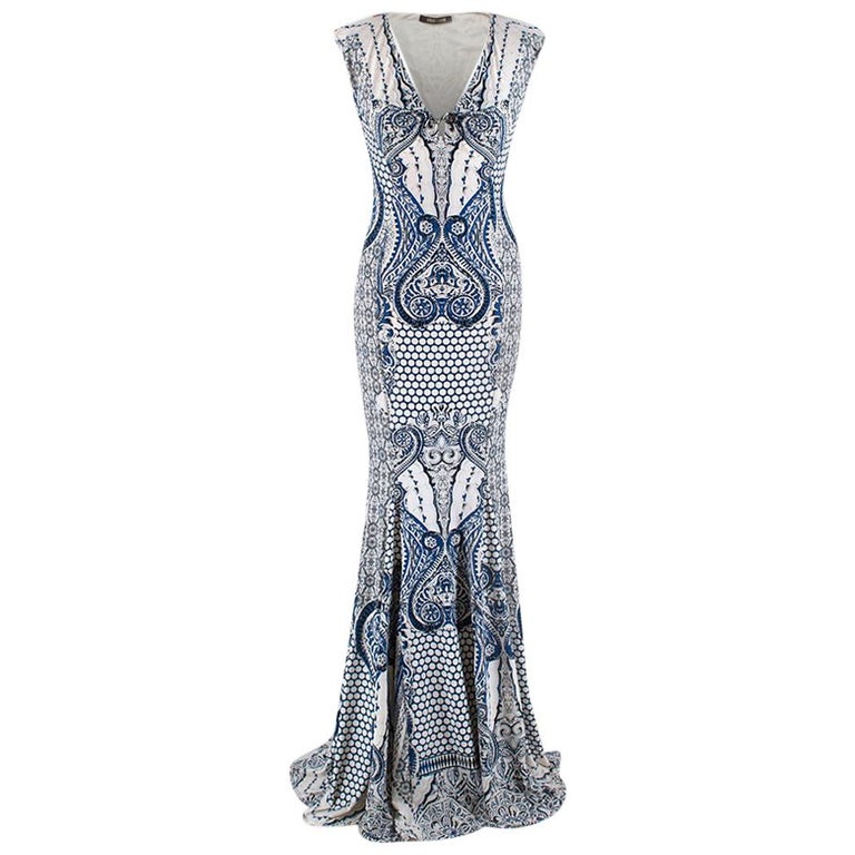 Roberto Cavalli Blue and White Patterned Gown 40 For Sale at 1stDibs