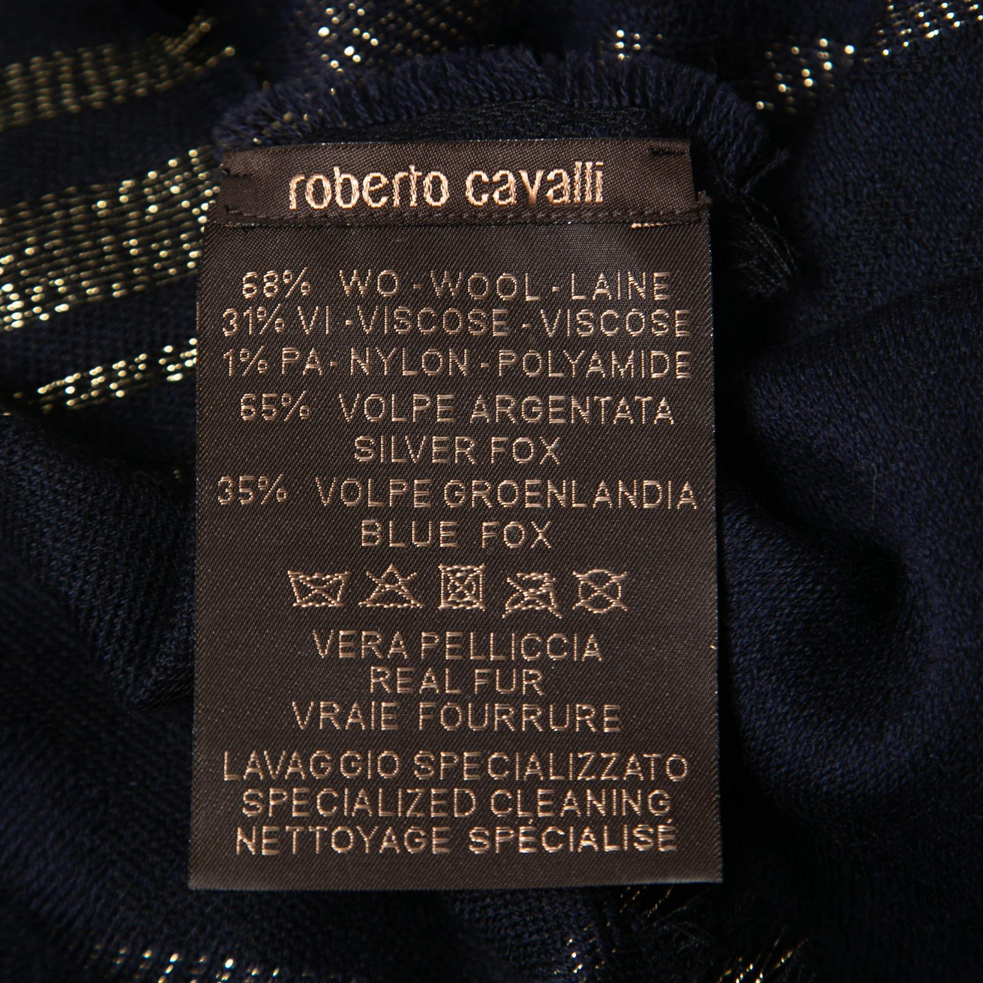 Women's Roberto Cavalli Blue Wool Fur Trimmed Collared Poncho One Size