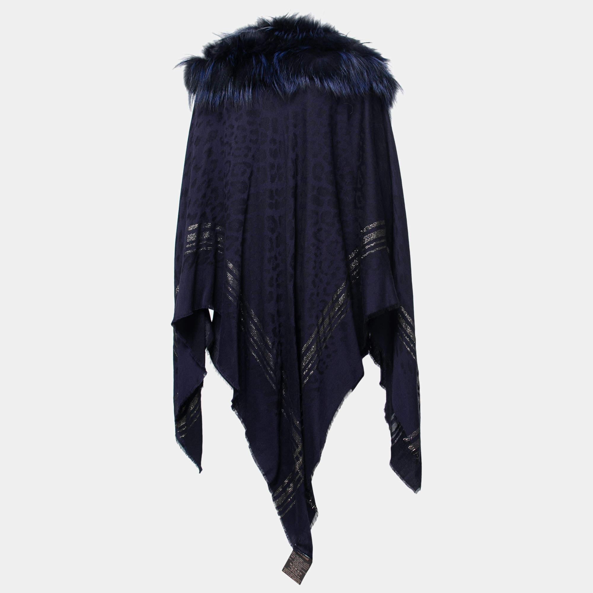 Roberto Cavalli Blue Wool Fur Trimmed Collared Poncho One Size 1