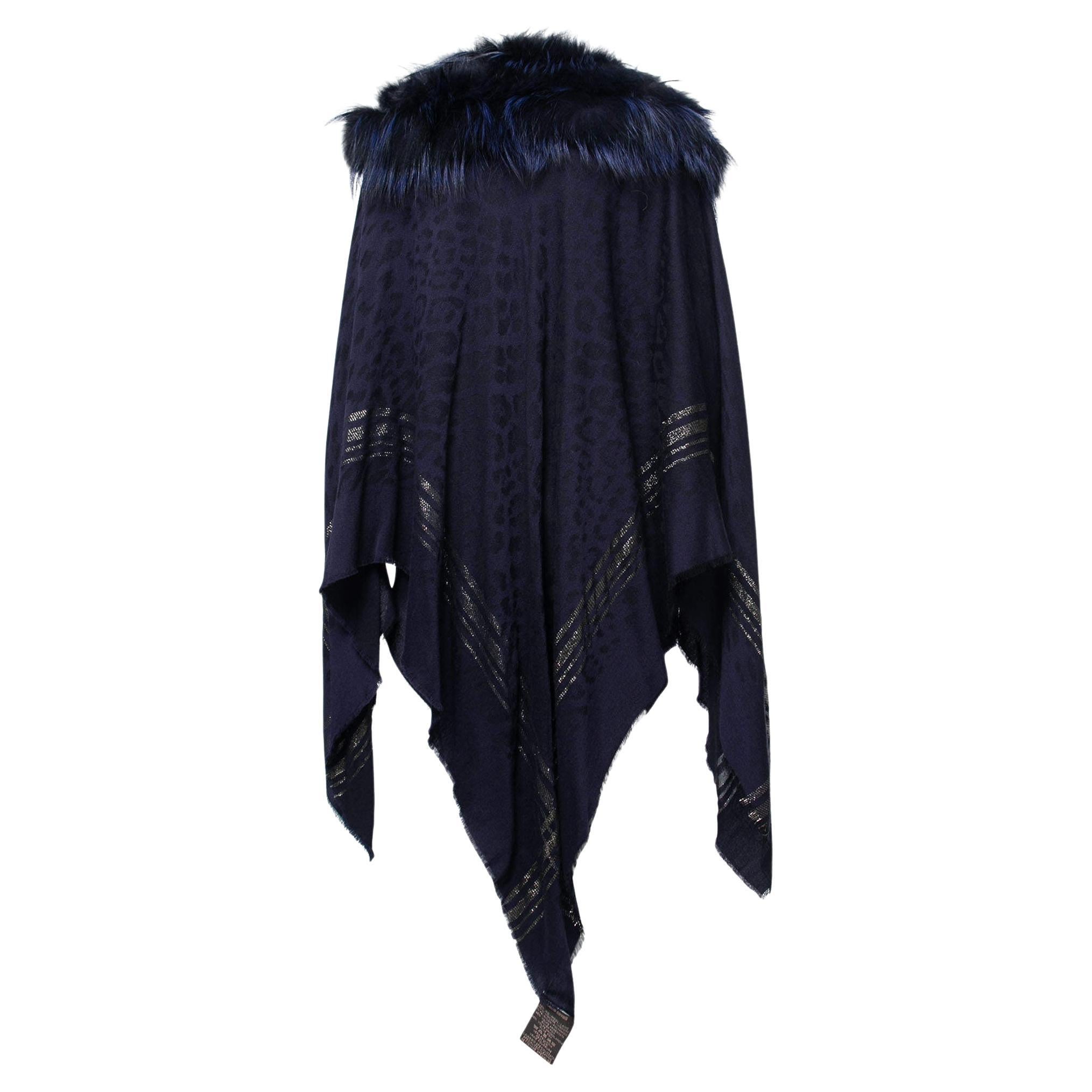 Roberto Cavalli Blue Wool Fur Trimmed Collared Poncho One Size