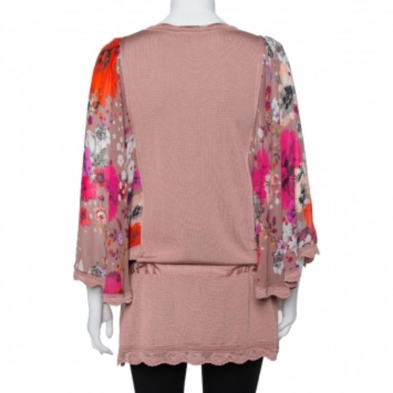 Brown Roberto Cavalli Blush Pink Wool Floral Print Sleeve Detail Drop Waist Tunic S For Sale