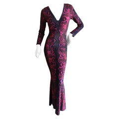 Vintage Roberto Cavalli Body Hugging Red Snakeskin Print Long Evening Dress