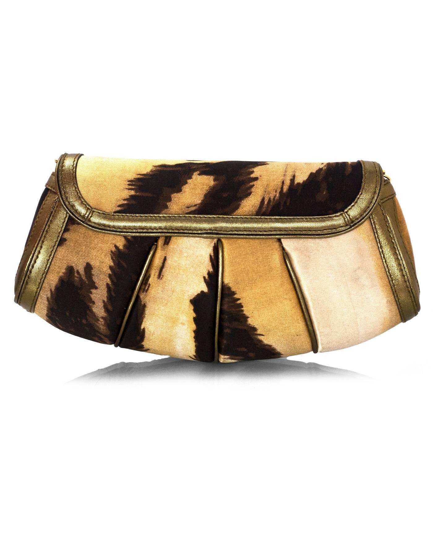 Roberto Cavalli Brown & Gold Satin Evening Clutch/Shoulder Bag In Excellent Condition In New York, NY