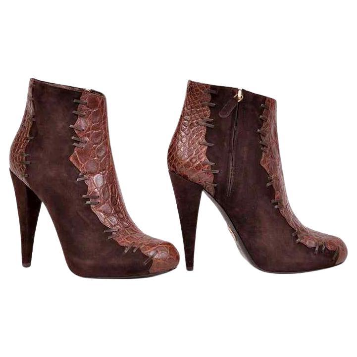 Roberto Cavalli brown alligator and suede ankle boots. Size 39 - 9 NWT For Sale