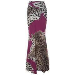 Roberto Cavalli Brown and Fuschia Animal Printed Jersey Maxi Skirt M