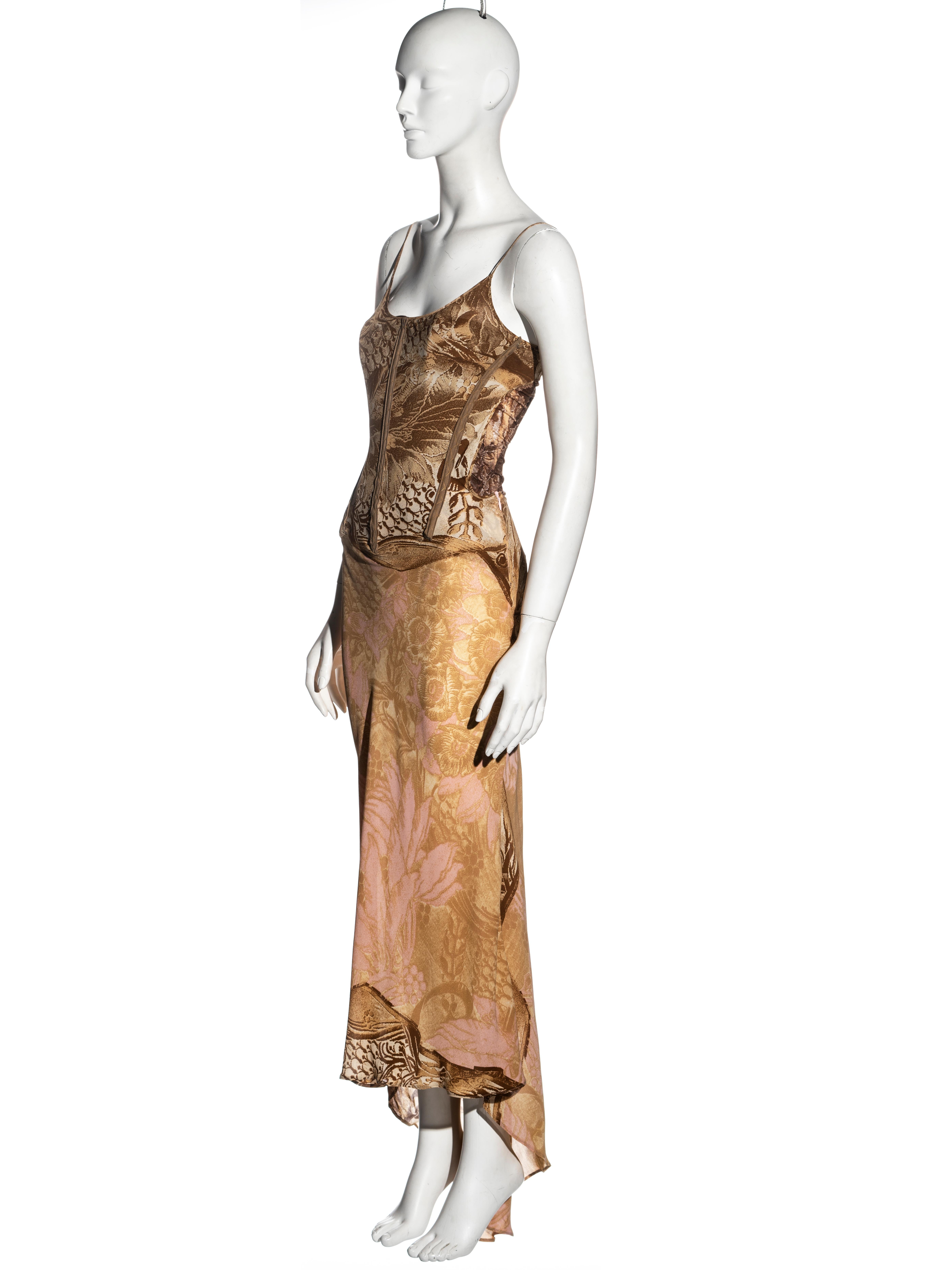 Brown Roberto Cavalli brown and pink montage print silk corset dress, fw 2001 For Sale