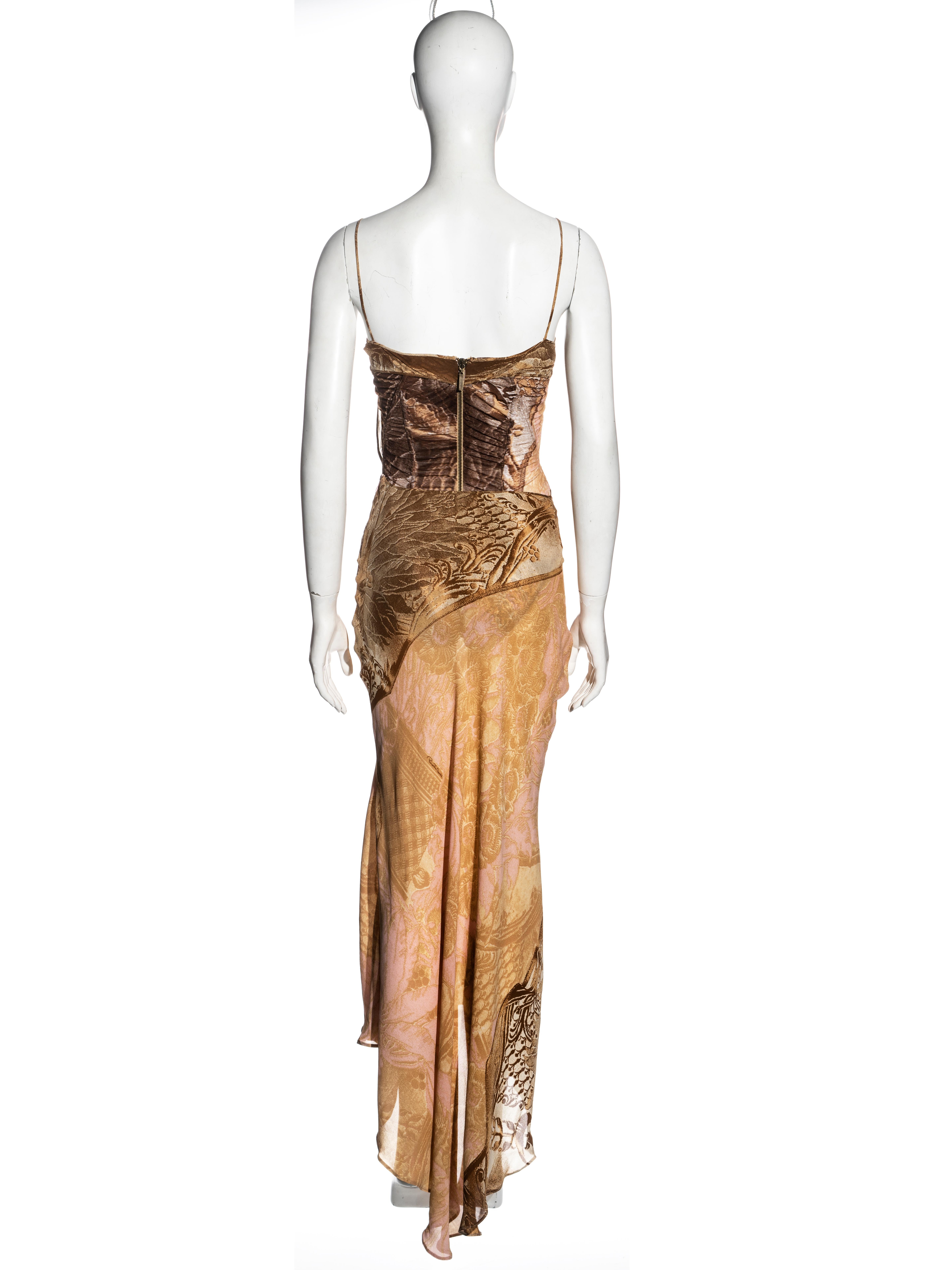 Women's Roberto Cavalli brown and pink montage print silk corset dress, fw 2001 For Sale