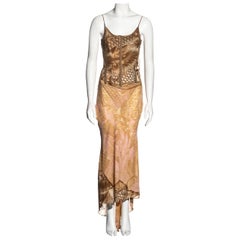 Roberto Cavalli brown and pink montage print silk corset dress, fw 2001