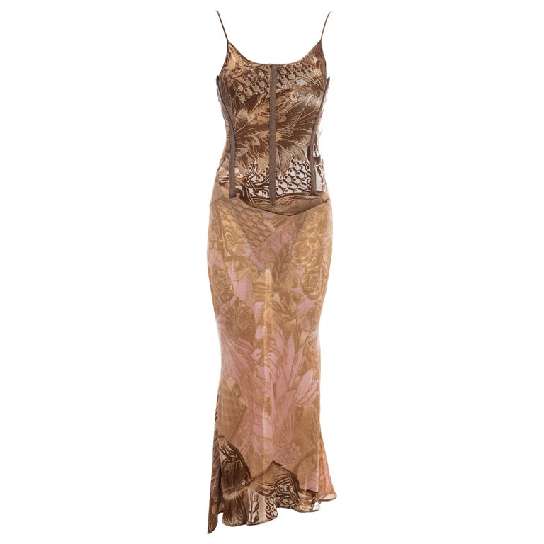 Roberto Cavalli brown and pink silk corseted evening dress, fw 2001 For ...