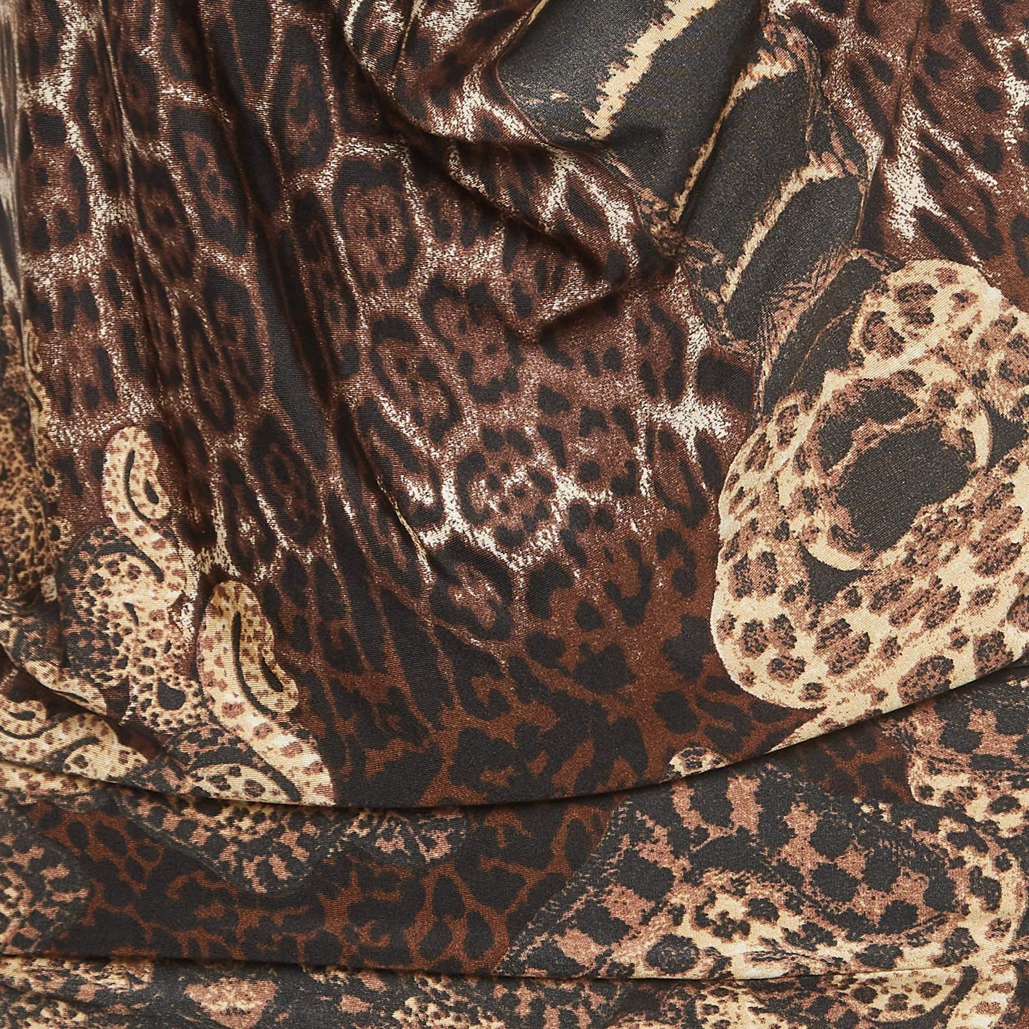 Roberto Cavalli Brown Animal Print Jersey Halter Neck Ruched Maxi Dress S In Good Condition For Sale In Dubai, Al Qouz 2